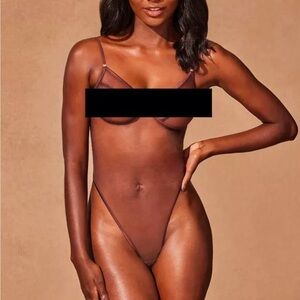 Honey Birdette Nakeds Deep Mahogany Bodysuit size XXS and Mocha Stockings M